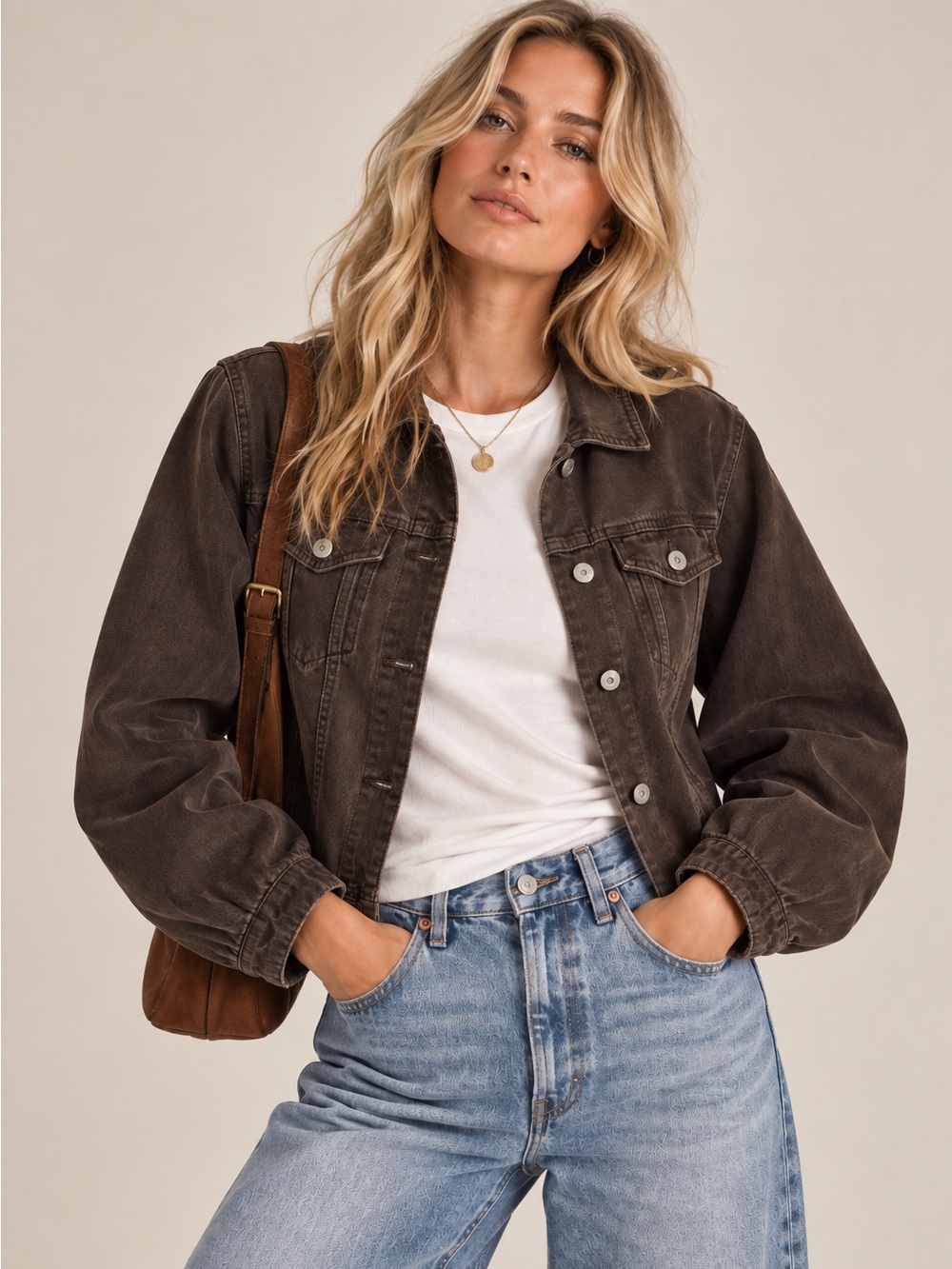 DENIM CO • barrel sleeve fit and flare brown jean jacket